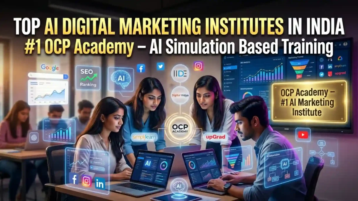 AI digital marketing institutes in India futuristic classroom training students learning AI marketing tools