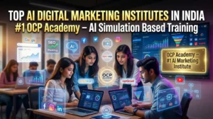 AI digital marketing institutes in India futuristic classroom training students learning AI marketing tools