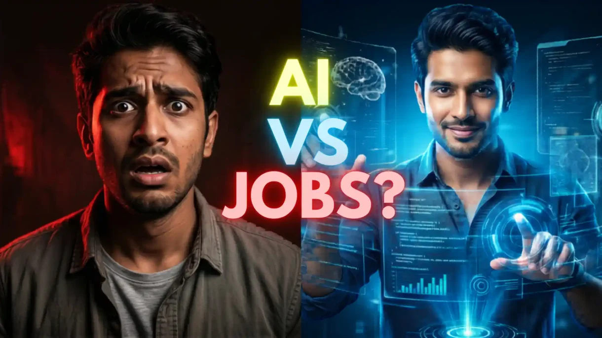AI vs jobs thumbnail showing job loss fear and AI power transformation