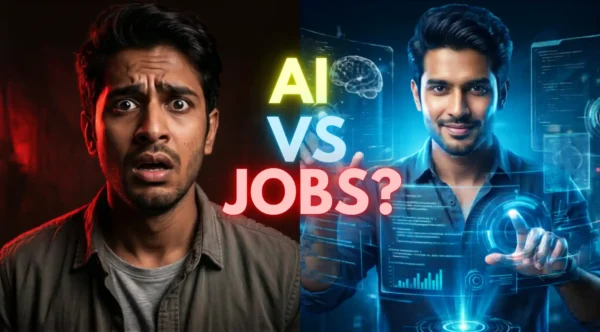 AI vs jobs thumbnail showing job loss fear and AI power transformation