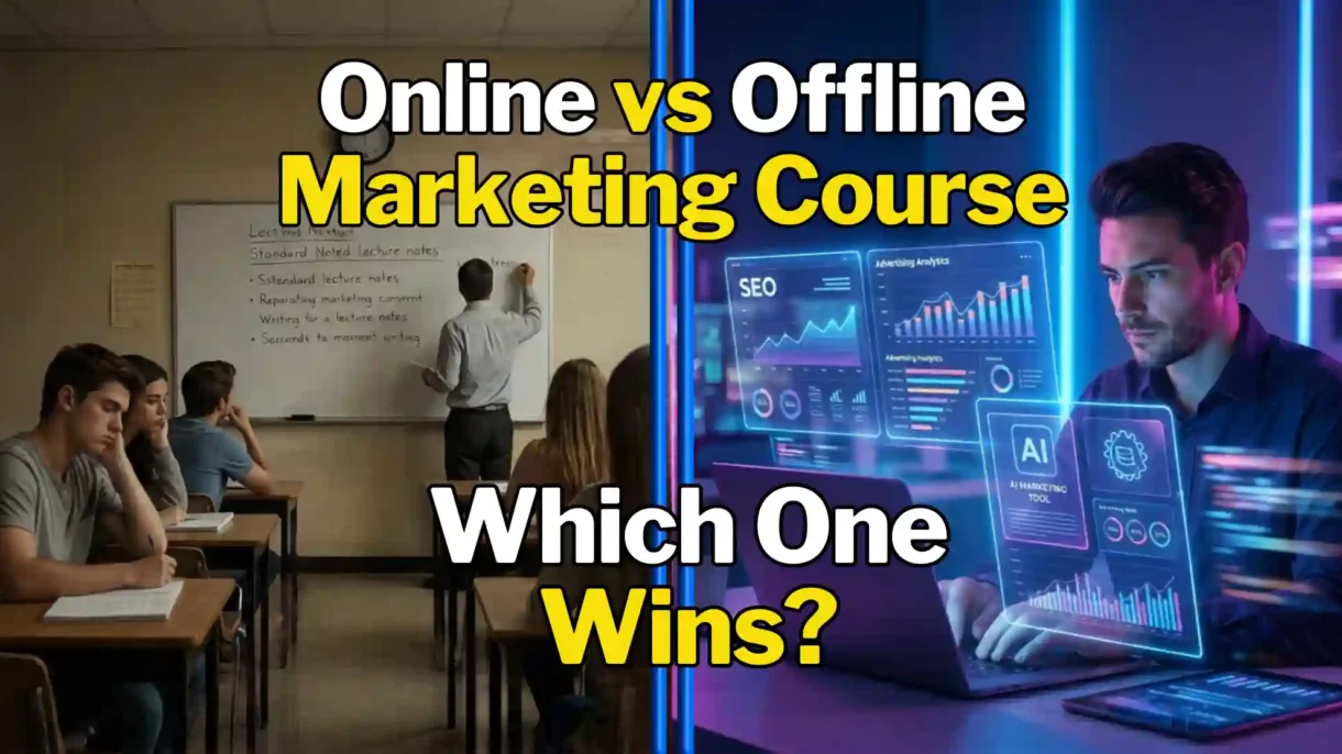 online vs offline digital marketing course comparison with AI marketing workspace and classroom