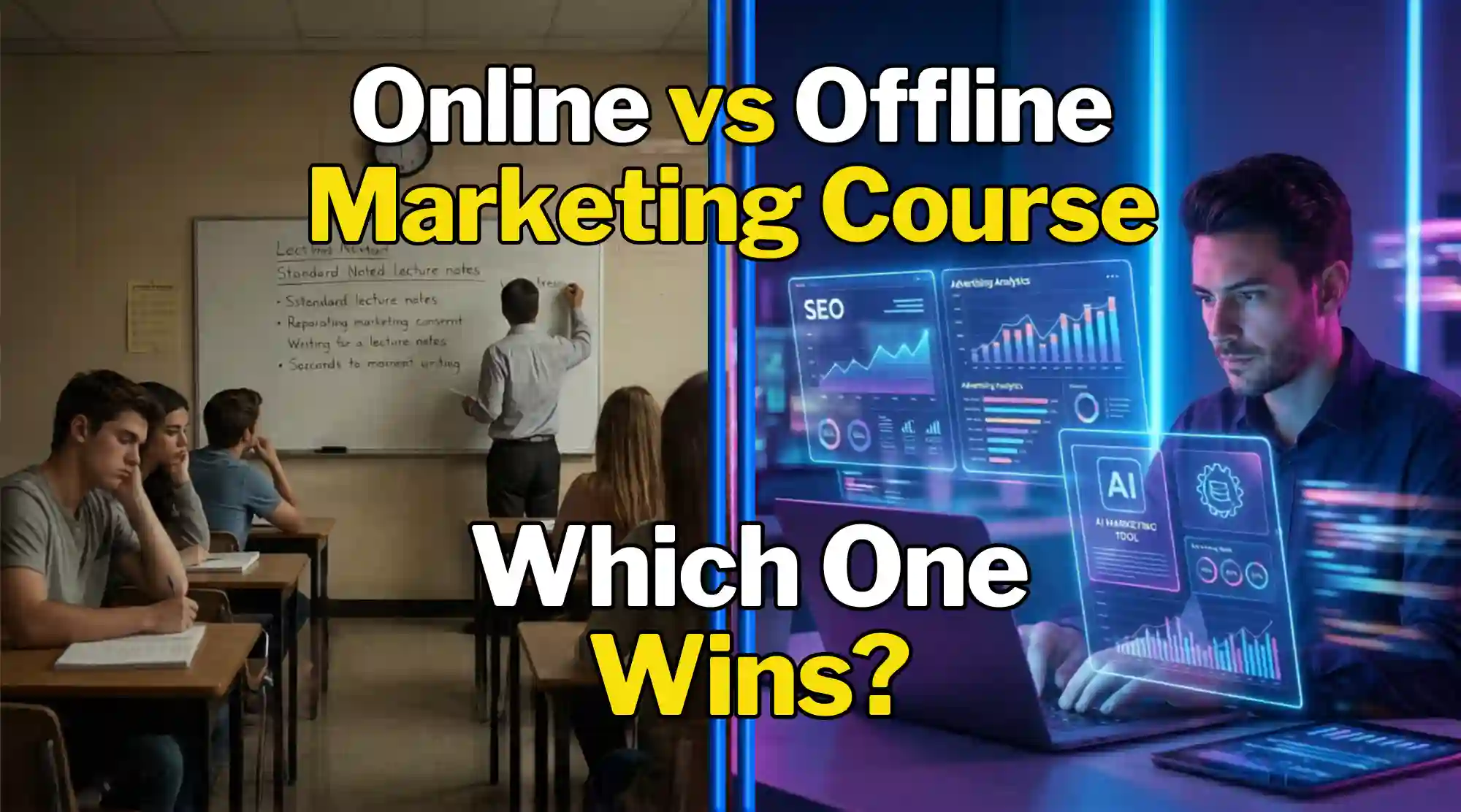 online vs offline digital marketing course comparison with AI marketing workspace and classroom