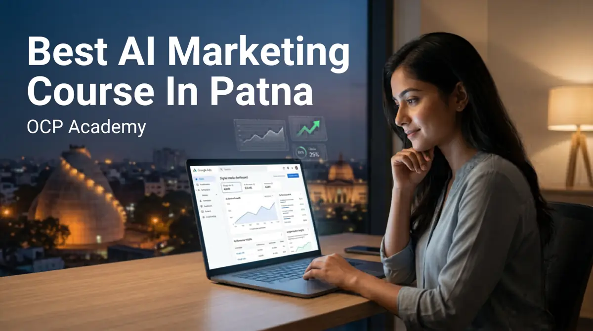 AI-powered digital marketing course in Patna by OCP Academy with futuristic AI marketing dashboard and career growth concept